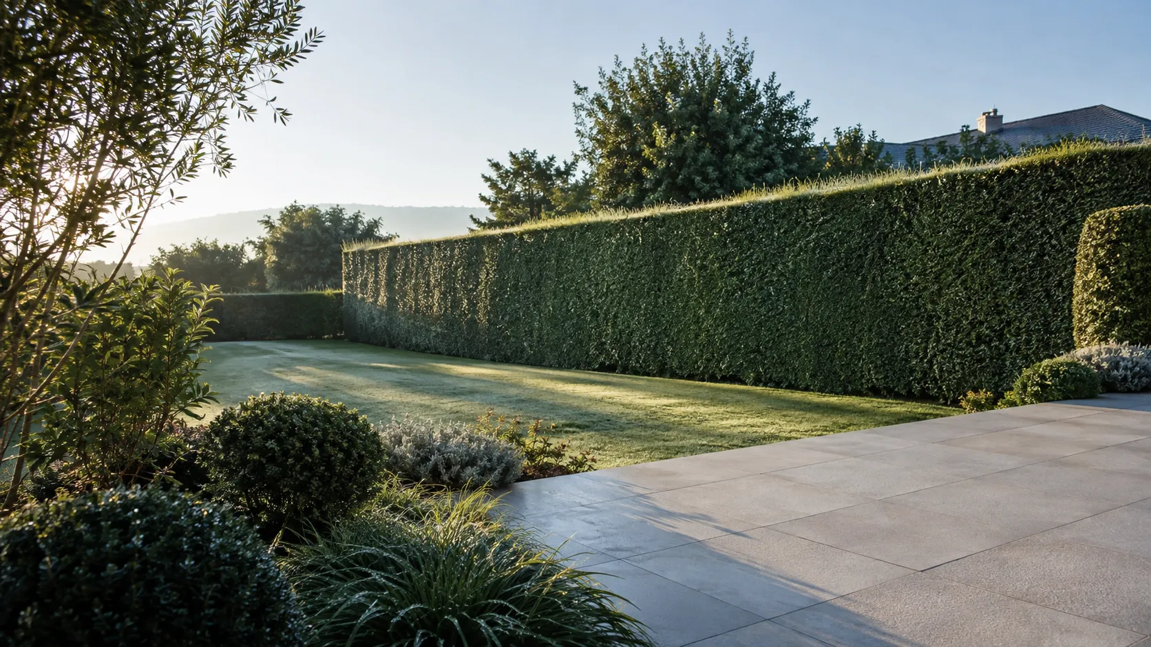 Jardin entretenu avec pelouse nette et haies fraîchement taillées